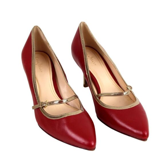 Cole Haan RED GENUINE LEATHER GOLD TRIM MID HEEL CLASSIC PUMP SHOES Sz 7.5 B - Picture 1 of 12